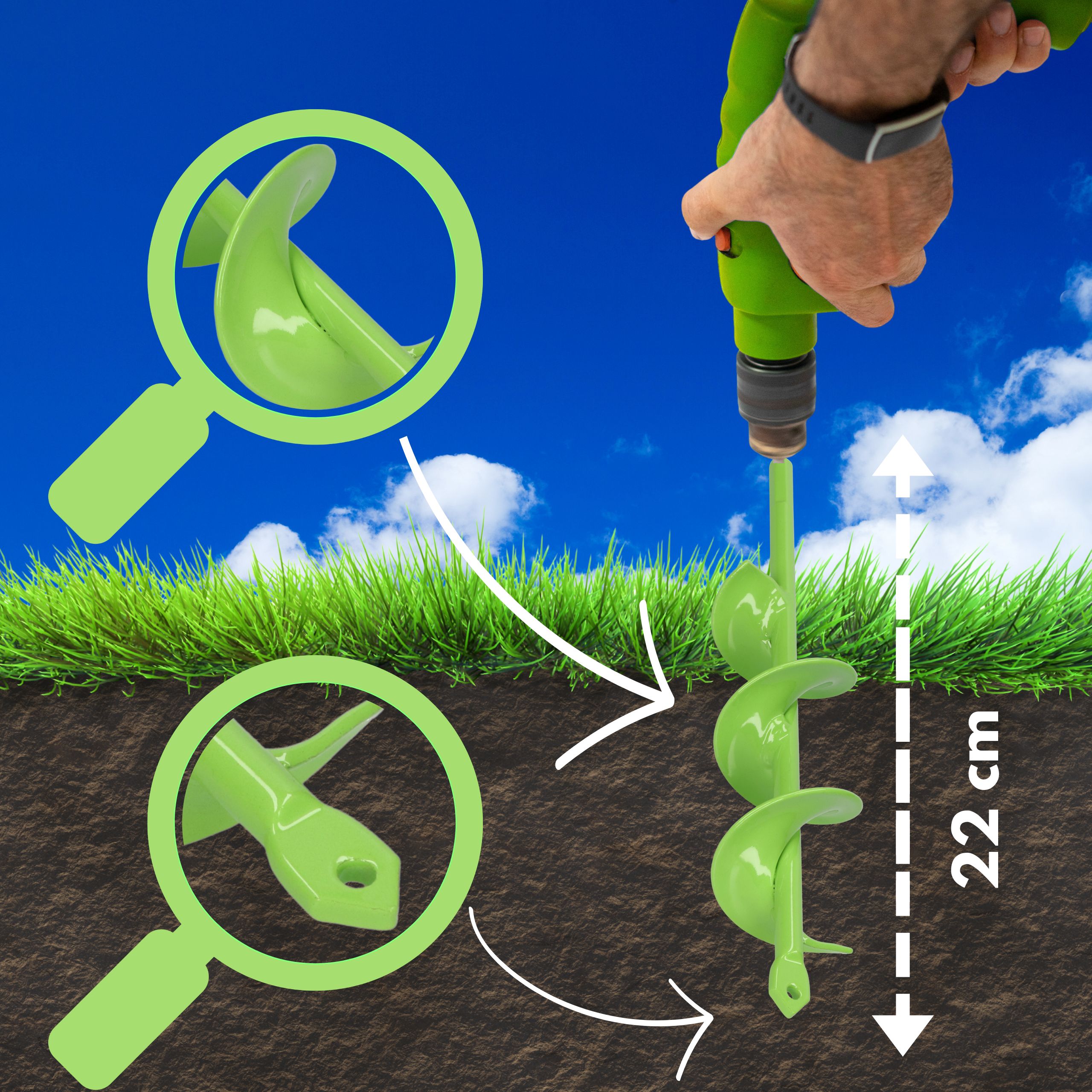 Świder do gleby 60x220 mm - wąskie otwory pod rośliny, słupki i instalacje - obrazek 5